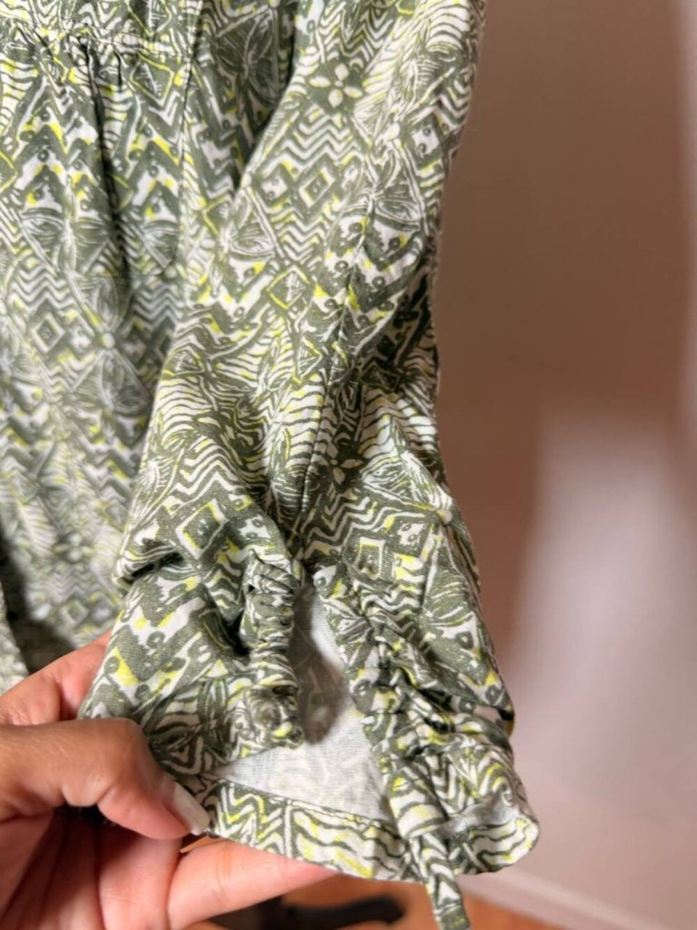 Erika Olive Green Boho Geometric Print Button Up Blouse Earthy Safari Style PL - Picture 5 of 7